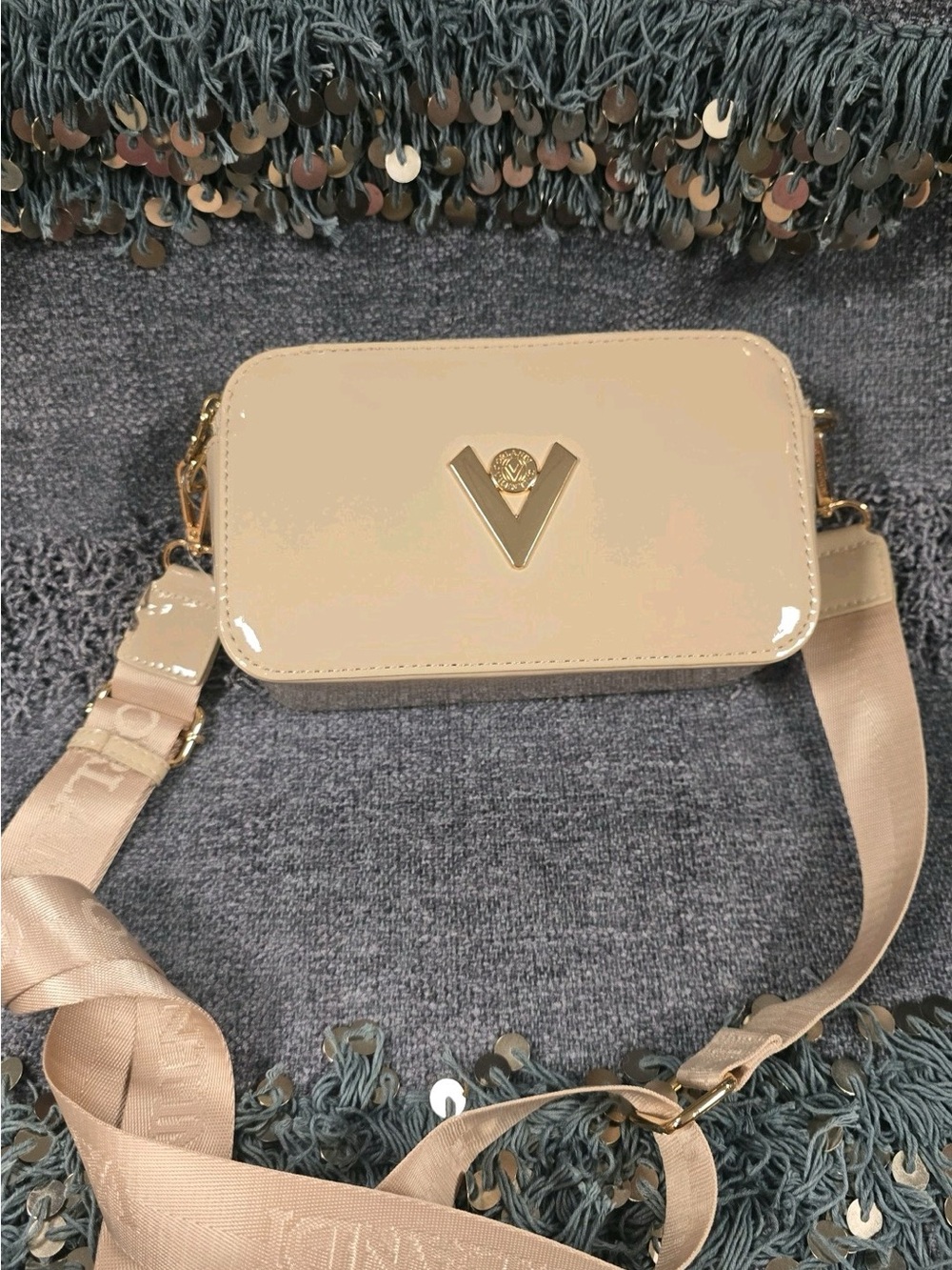 Valentino Orlandi Beige Patent Crossbody with Gold V Logo
